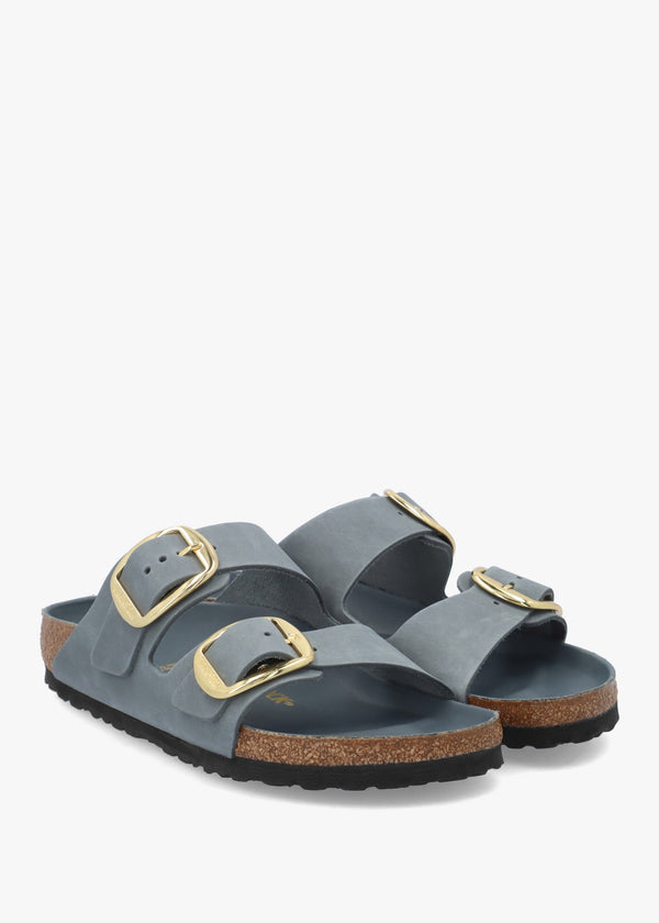 Arizona Big Buckle Basalt Gray Oiled Leather Two Bar Mules