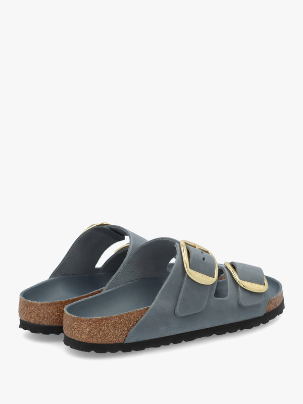 Arizona Big Buckle Basalt Gray Oiled Leather Two Bar Mules