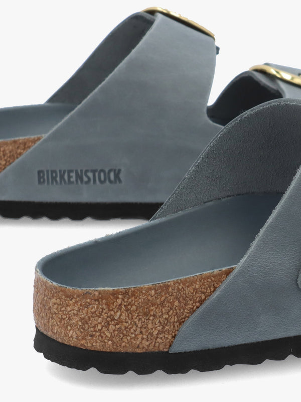 Arizona Big Buckle Basalt Gray Oiled Leather Two Bar Mules