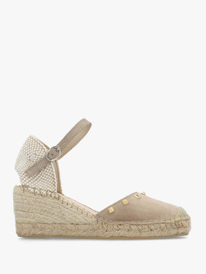 Instud Beige Suede Studded Wedge Espadrilles