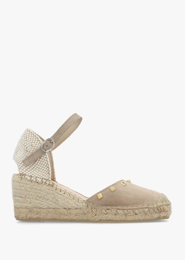 Instud Beige Suede Studded Wedge Espadrilles