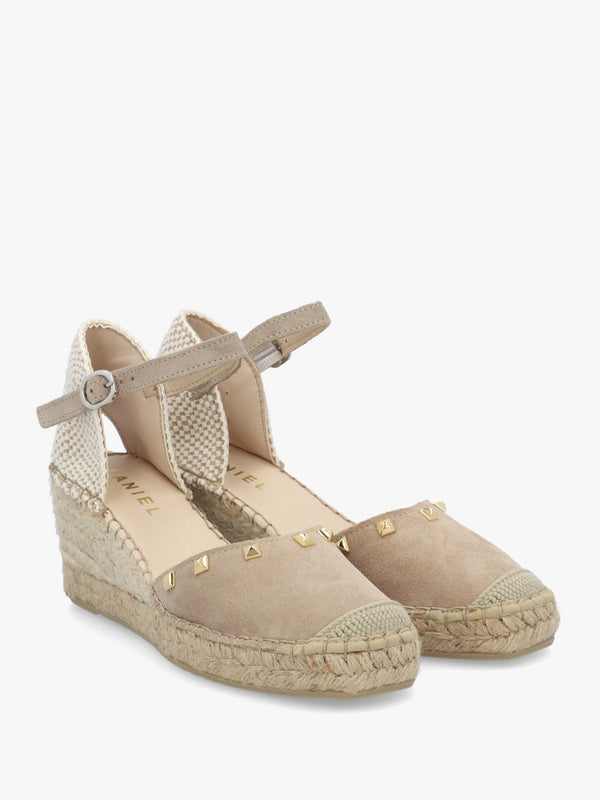 Instud Beige Suede Studded Wedge Espadrilles