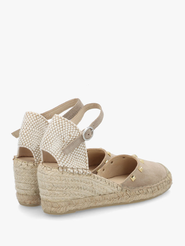 Instud Beige Suede Studded Wedge Espadrilles