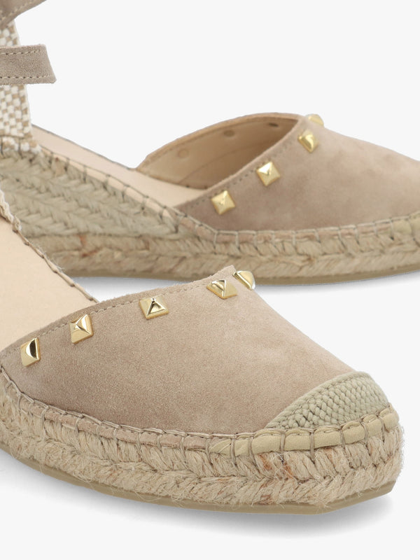 Instud Beige Suede Studded Wedge Espadrilles