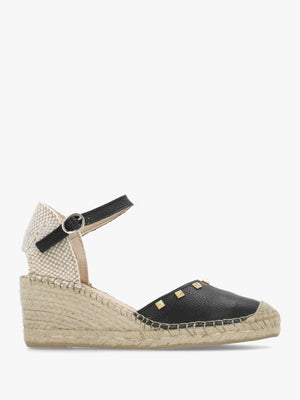 Instud Black Leather Studded Wedge Espadrilles