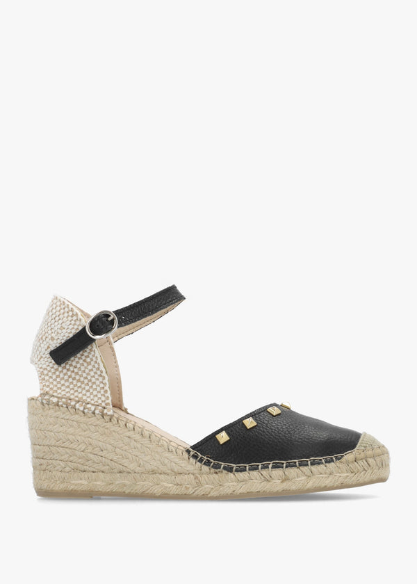Instud Black Leather Studded Wedge Espadrilles