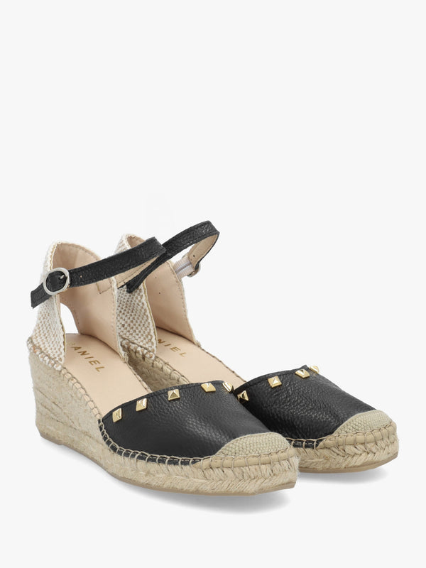 Instud Black Leather Studded Wedge Espadrilles