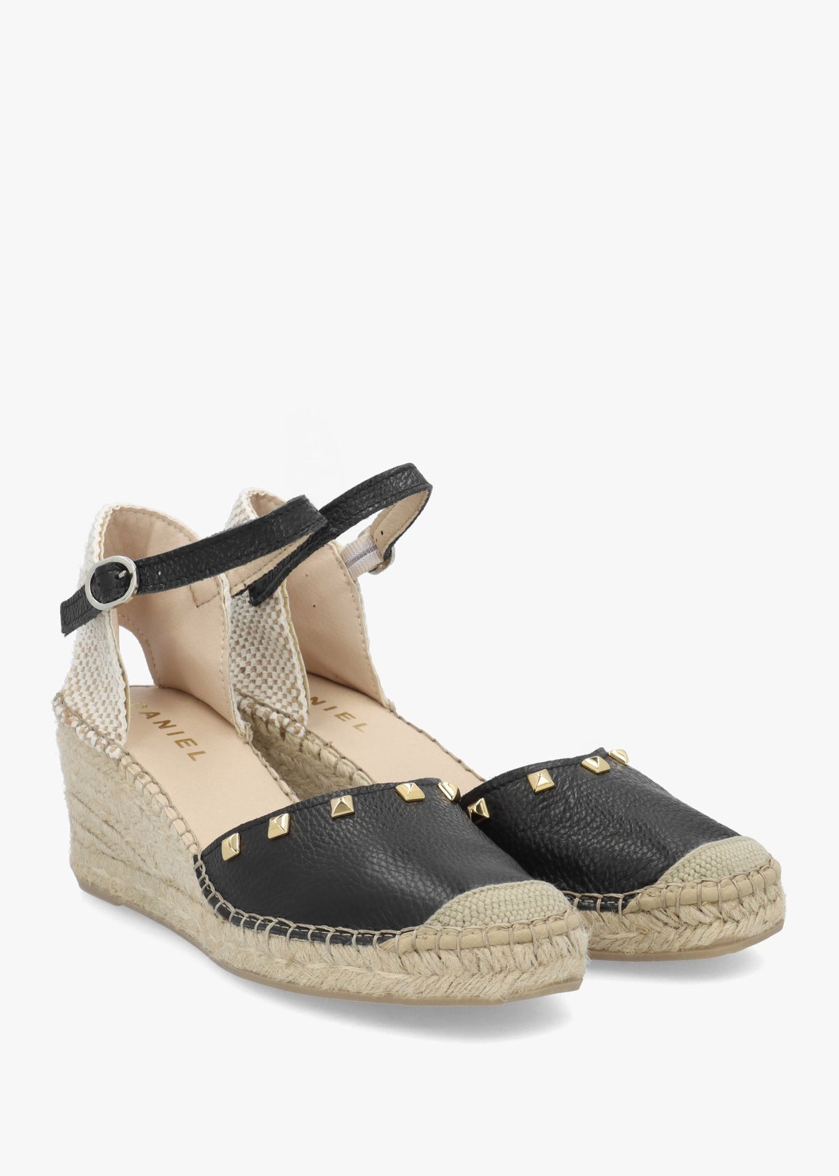 Instud Black Leather Studded Wedge Espadrilles