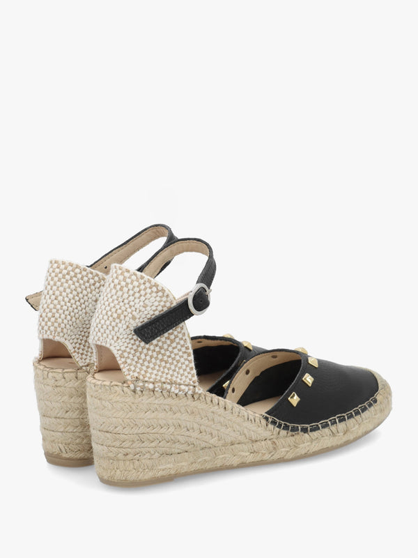 Instud Black Leather Studded Wedge Espadrilles