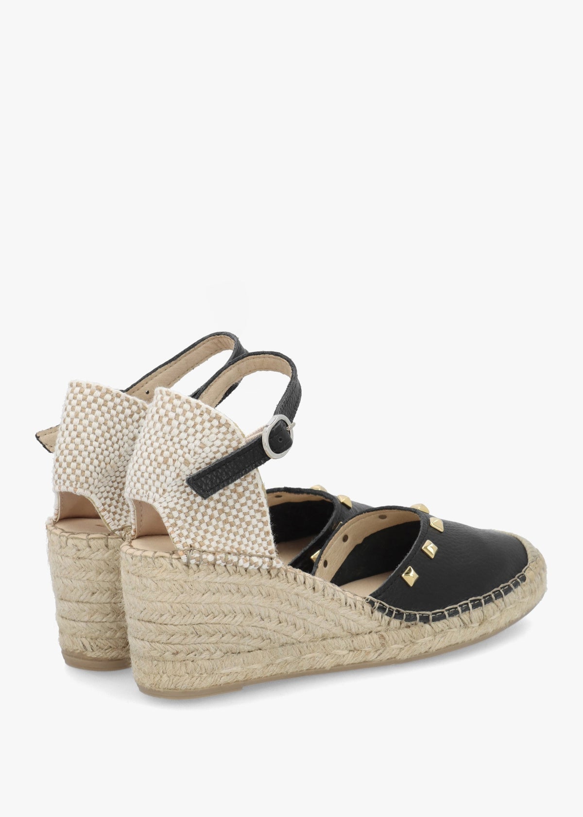 Instud Black Leather Studded Wedge Espadrilles