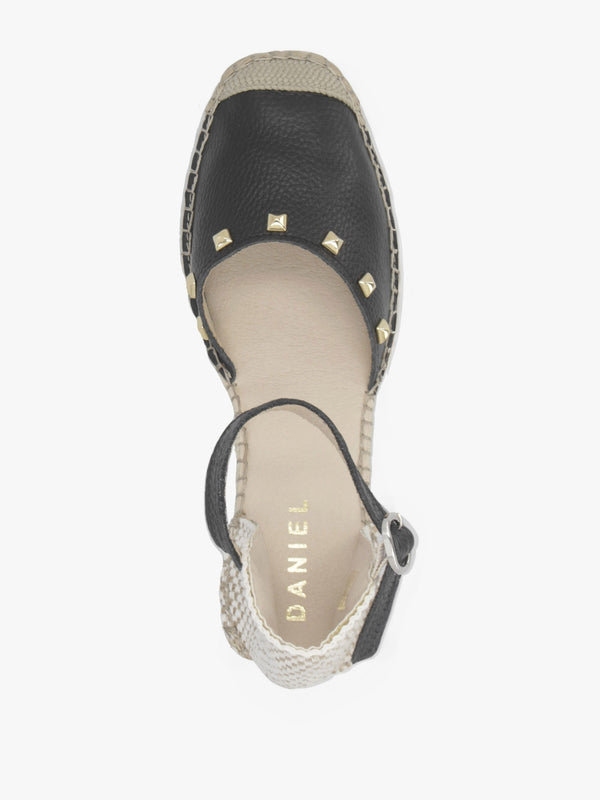 Instud Black Leather Studded Wedge Espadrilles