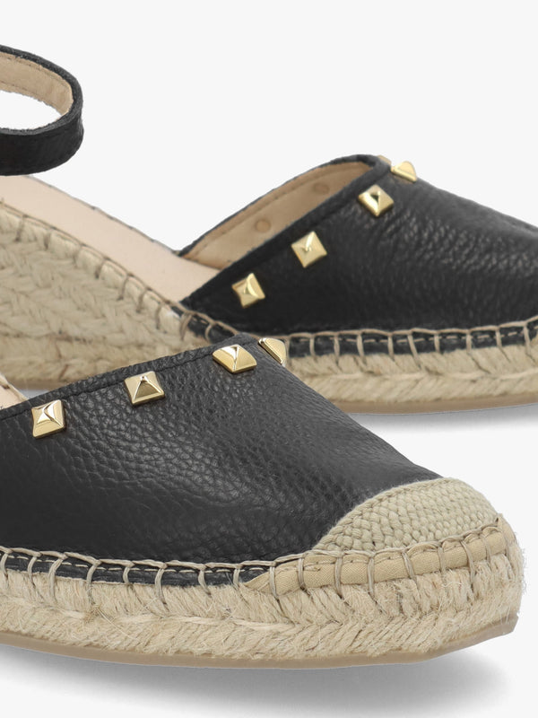 Instud Black Leather Studded Wedge Espadrilles