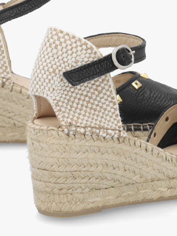 Instud Black Leather Studded Wedge Espadrilles