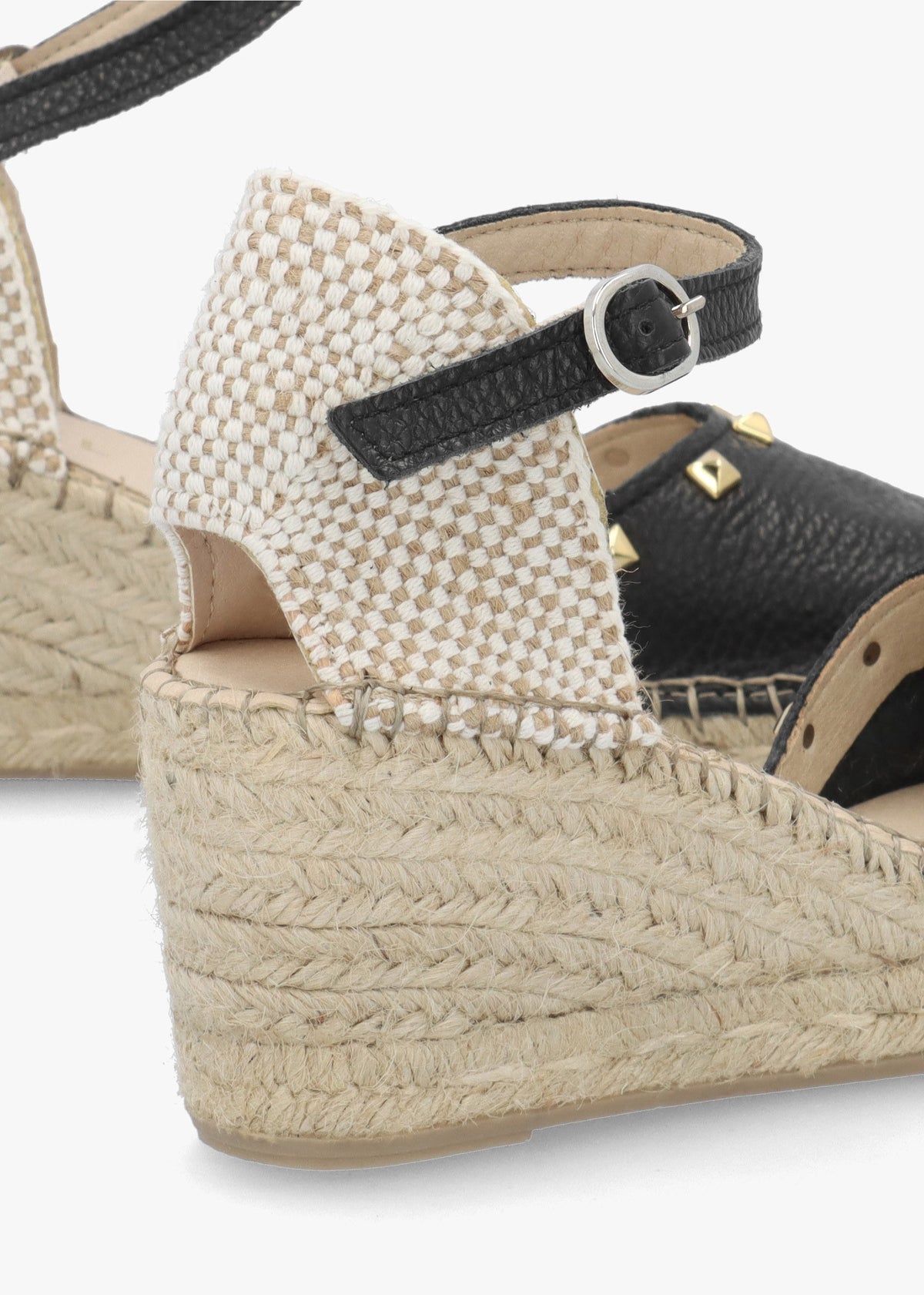 Instud Black Leather Studded Wedge Espadrilles