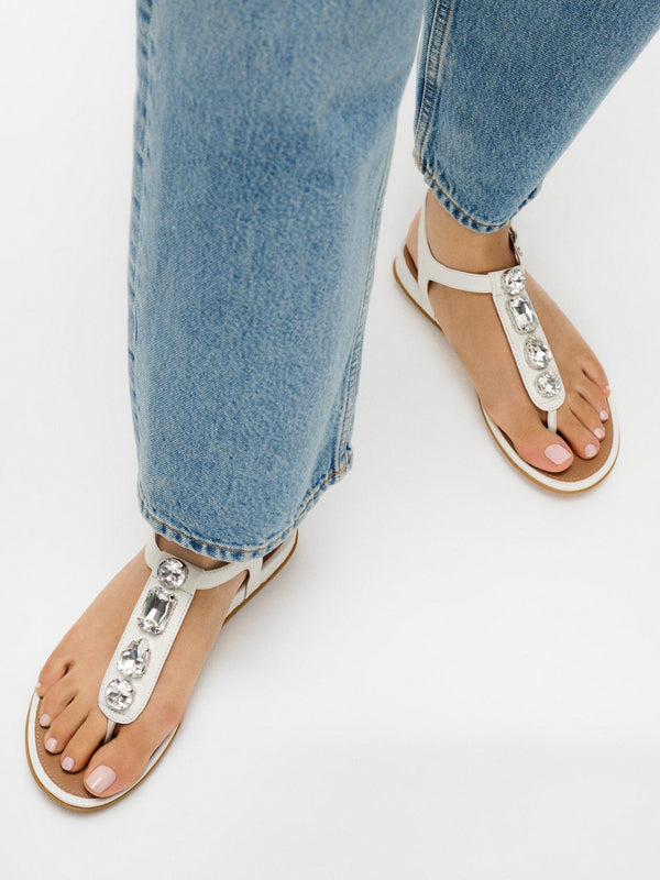 Gracie Ultra Jewel Ultra White Leather T-Bar Sandals