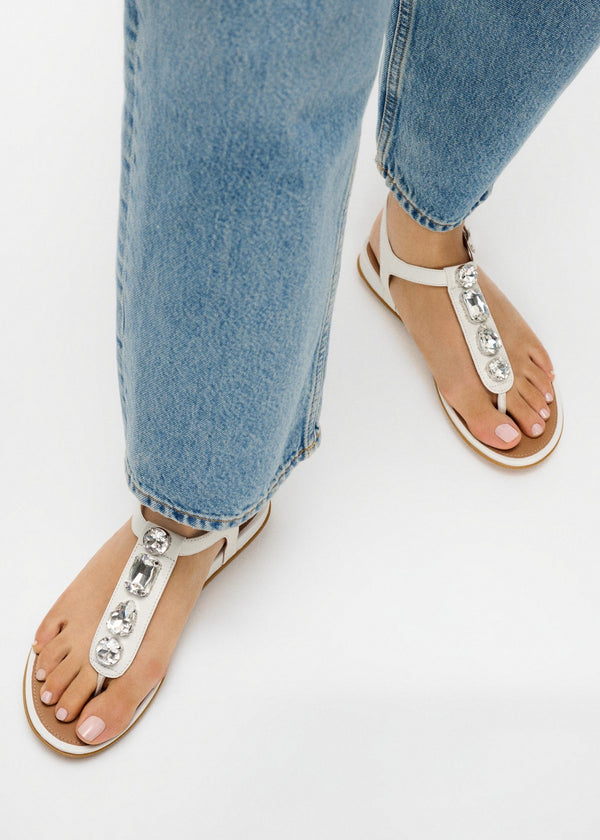 Gracie Ultra Jewel Ultra White Leather T-Bar Sandals