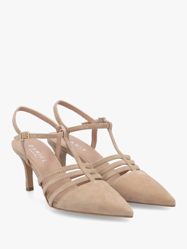 Sade Beige Suede T Bar Heeled Court Shoes
