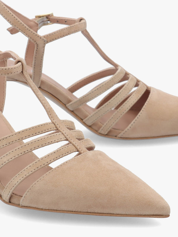Sade Beige Suede T Bar Heeled Court Shoes