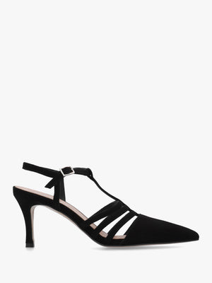Sade Black Suede T Bar Heeled Court Shoes