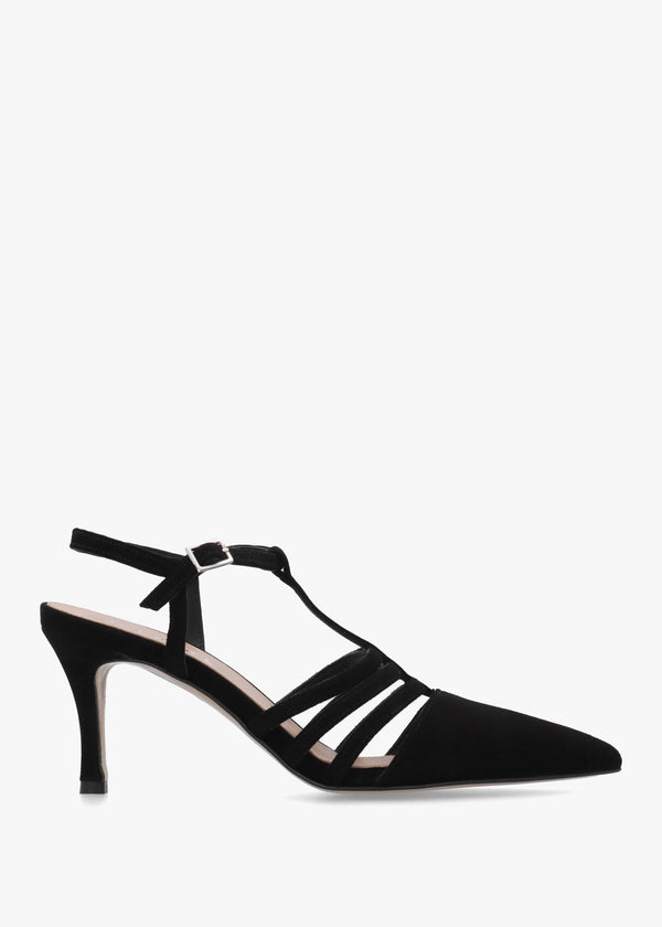 Sade Black Suede T Bar Heeled Court Shoes