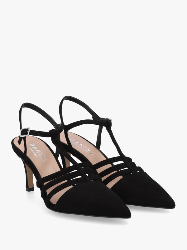 Sade Black Suede T Bar Heeled Court Shoes
