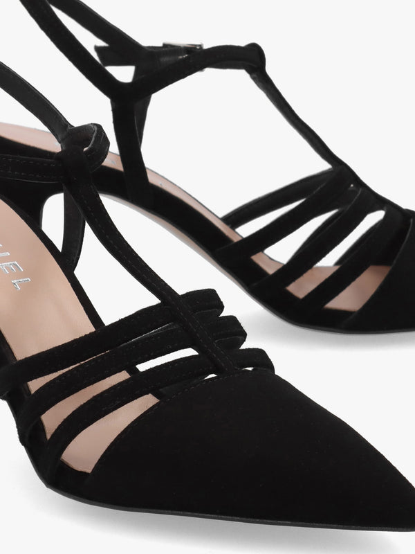 Sade Black Suede T Bar Heeled Court Shoes