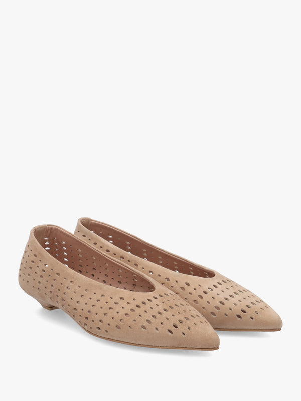 Sicily Beige Suede Perforated Flat Pumps