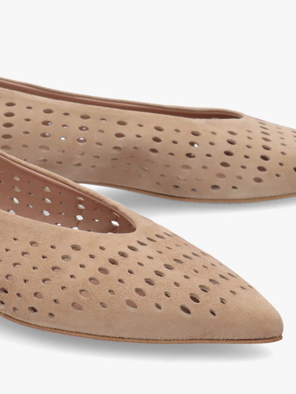 Sicily Beige Suede Perforated Flat Pumps