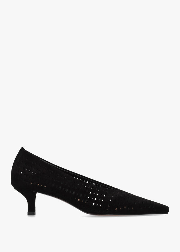 Skye Black Suede Perforated Kitten Heel Court Shoes