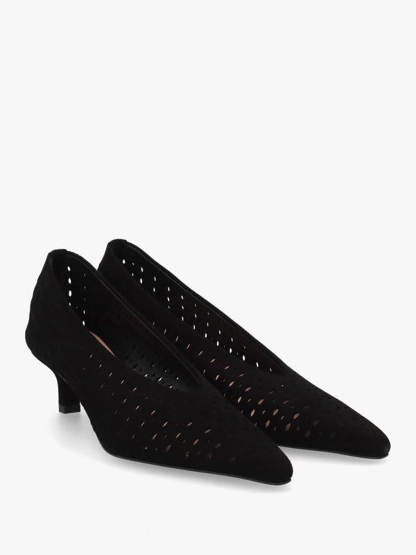 Skye Black Suede Perforated Kitten Heel Court Shoes