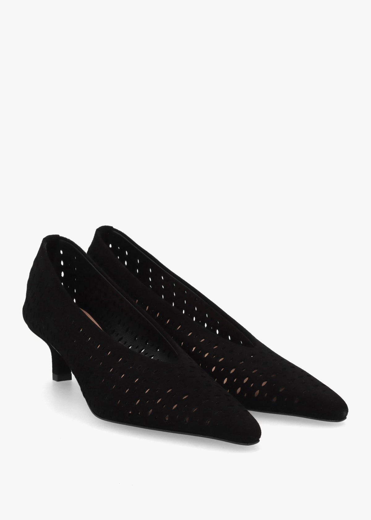 Skye Black Suede Perforated Kitten Heel Court Shoes
