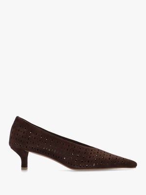 Skye Brown Suede Perforated Kitten Heel Court Shoes