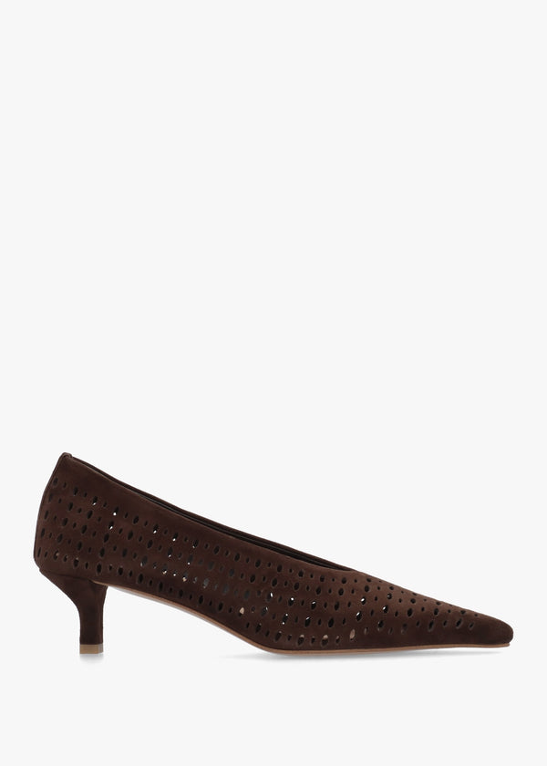 Skye Brown Suede Perforated Kitten Heel Court Shoes