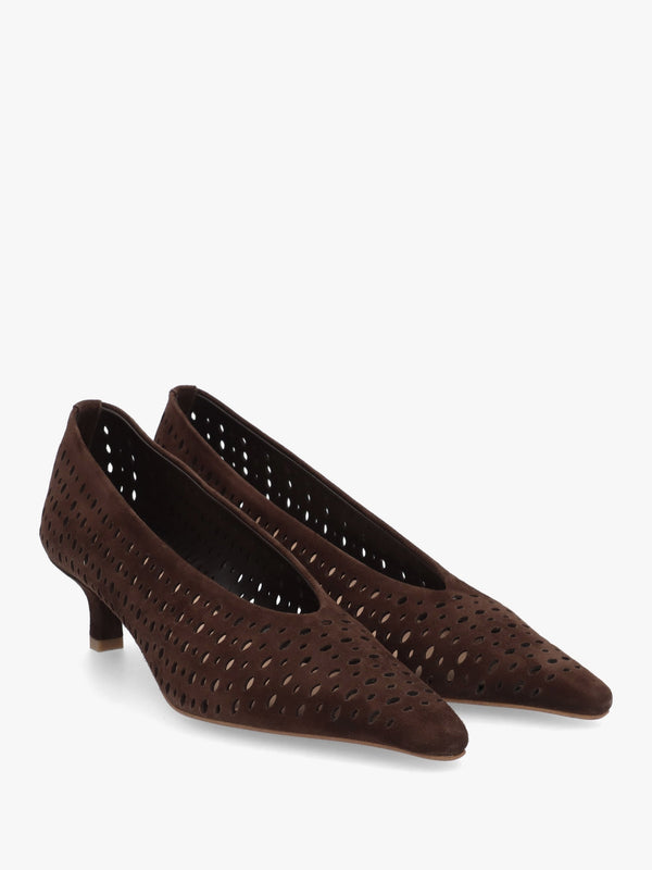 Skye Brown Suede Perforated Kitten Heel Court Shoes