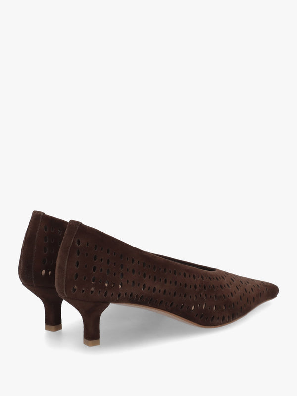 Skye Brown Suede Perforated Kitten Heel Court Shoes
