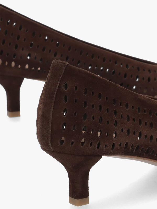 Skye Brown Suede Perforated Kitten Heel Court Shoes