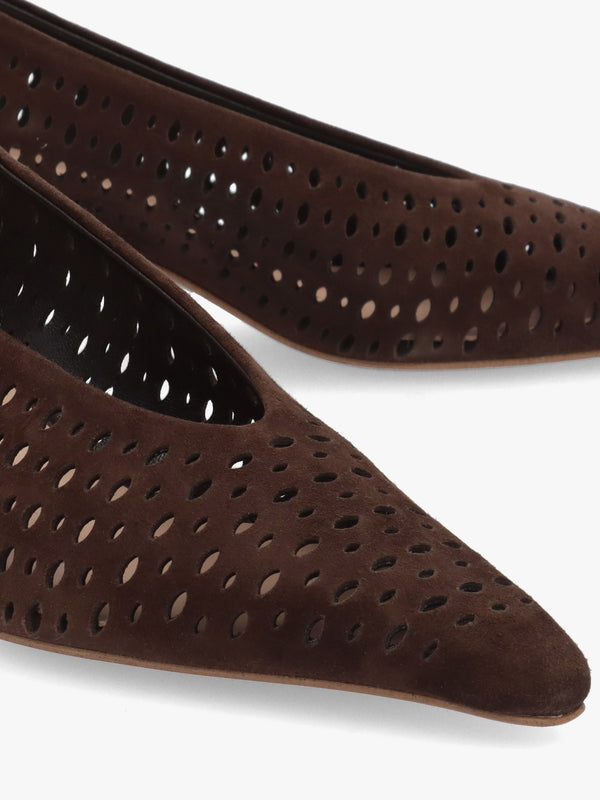 Skye Brown Suede Perforated Kitten Heel Court Shoes