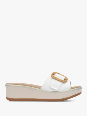 Rowhip White Leather Woven Buckle Flatform Mules
