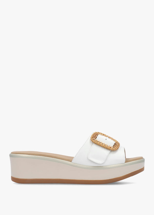 Rowhip White Leather Woven Buckle Flatform Mules