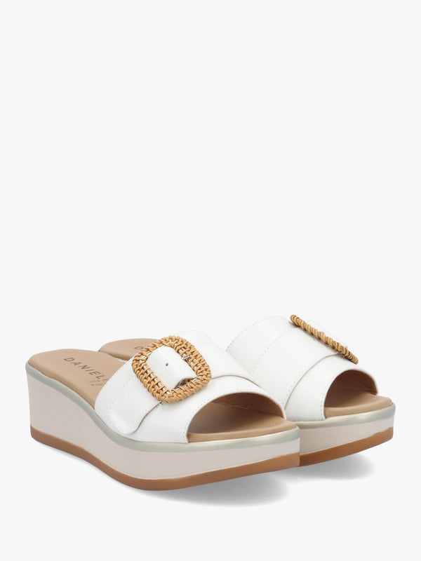 Rowhip White Leather Woven Buckle Flatform Mules
