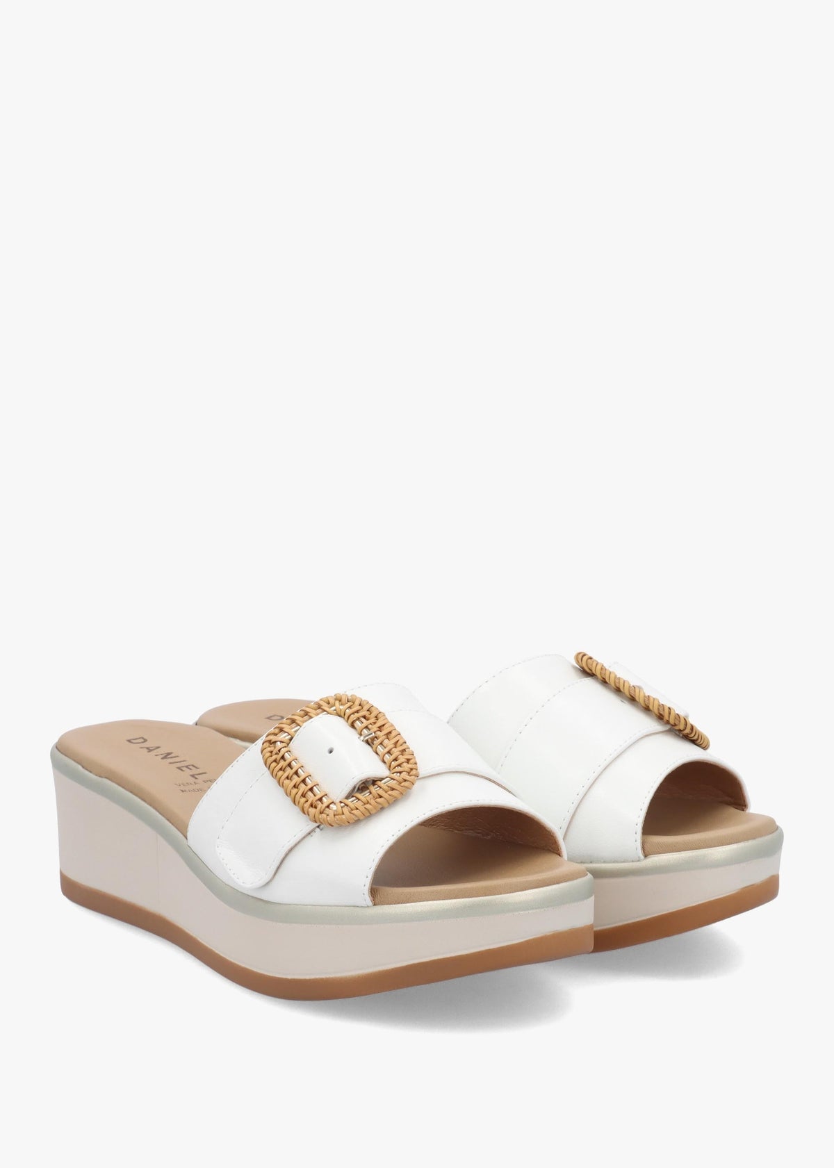 Rowhip White Leather Woven Buckle Flatform Mules