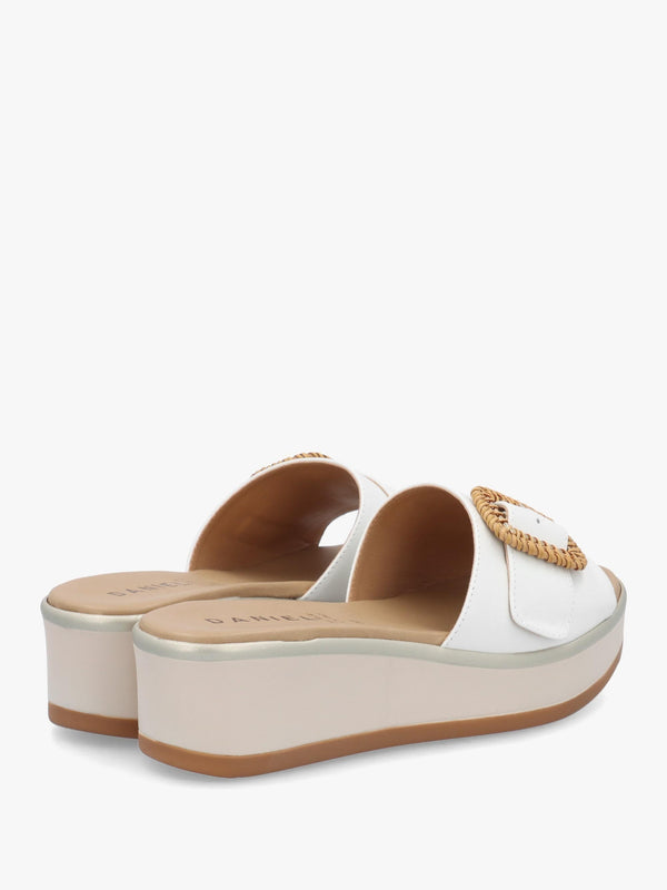 Rowhip White Leather Woven Buckle Flatform Mules