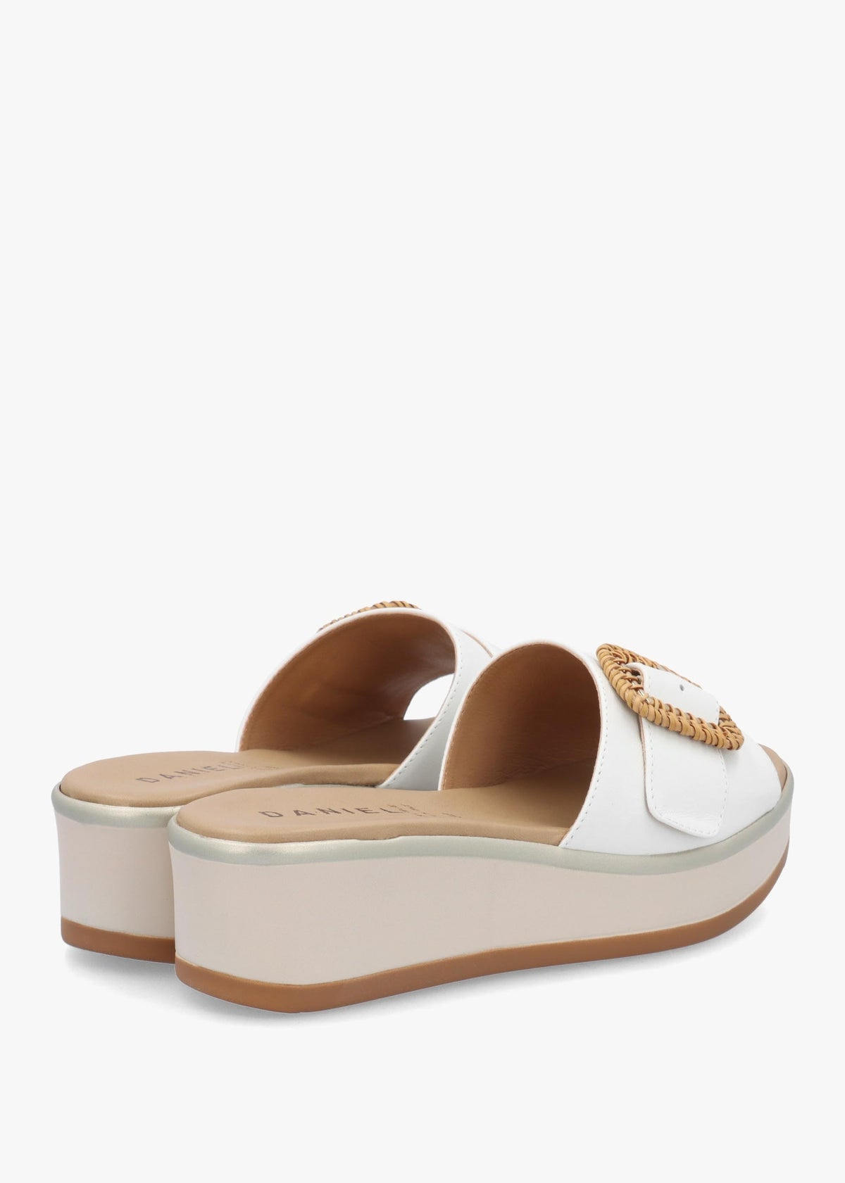 Rowhip White Leather Woven Buckle Flatform Mules