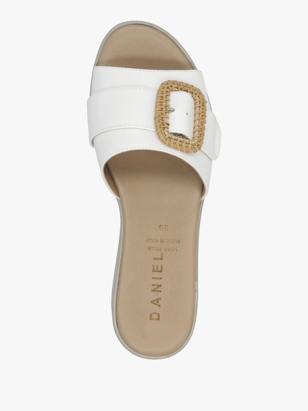 Rowhip White Leather Woven Buckle Flatform Mules