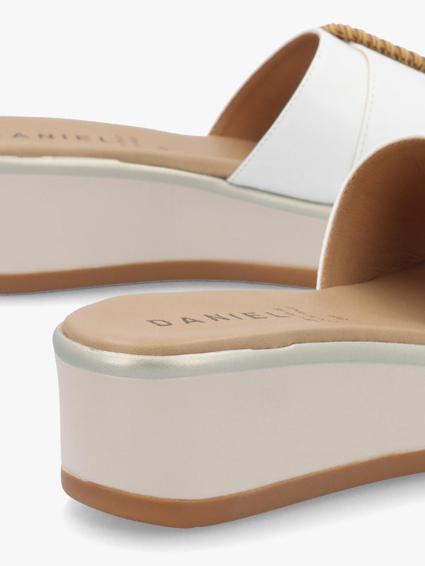 Rowhip White Leather Woven Buckle Flatform Mules