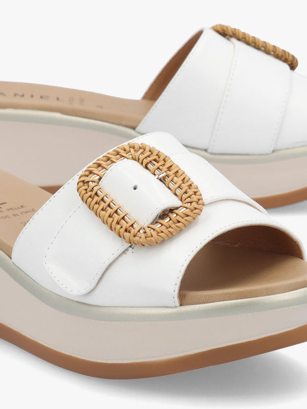 Rowhip White Leather Woven Buckle Flatform Mules