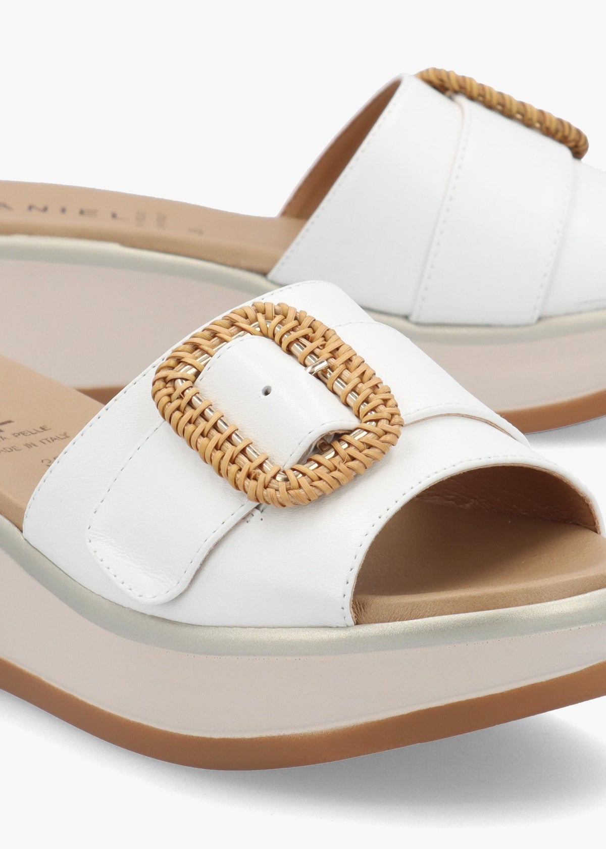 Rowhip White Leather Woven Buckle Flatform Mules