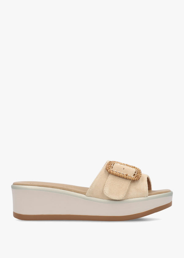 Rowhip Beige Suede Woven Buckle Flatform Mules