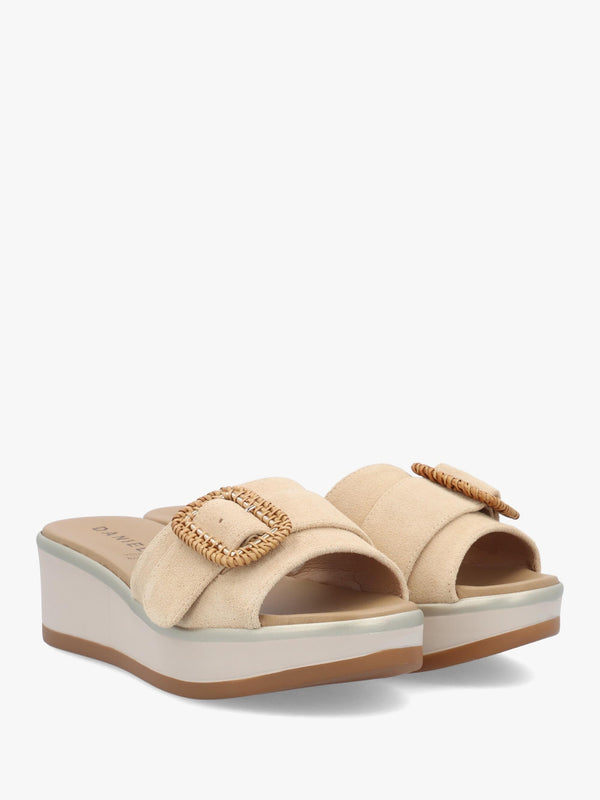 Rowhip Beige Suede Woven Buckle Flatform Mules