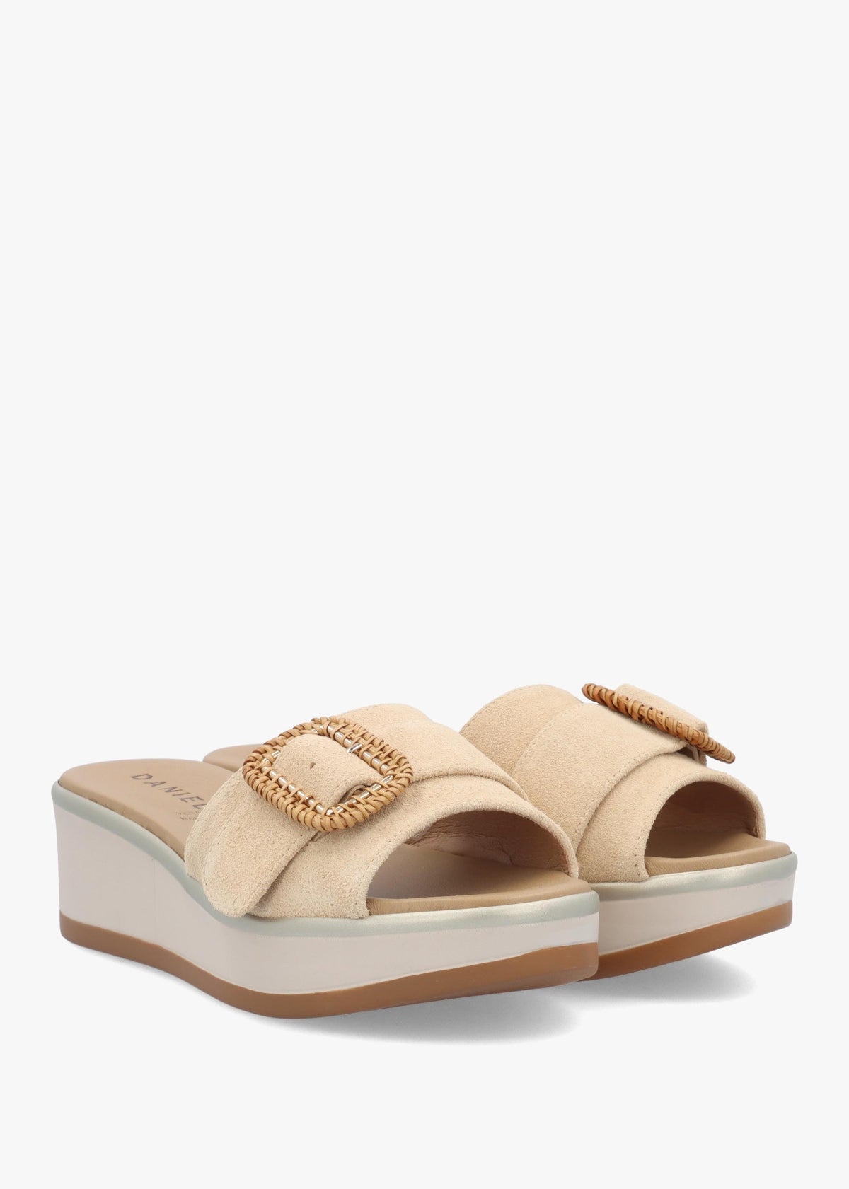 Rowhip Beige Suede Woven Buckle Flatform Mules